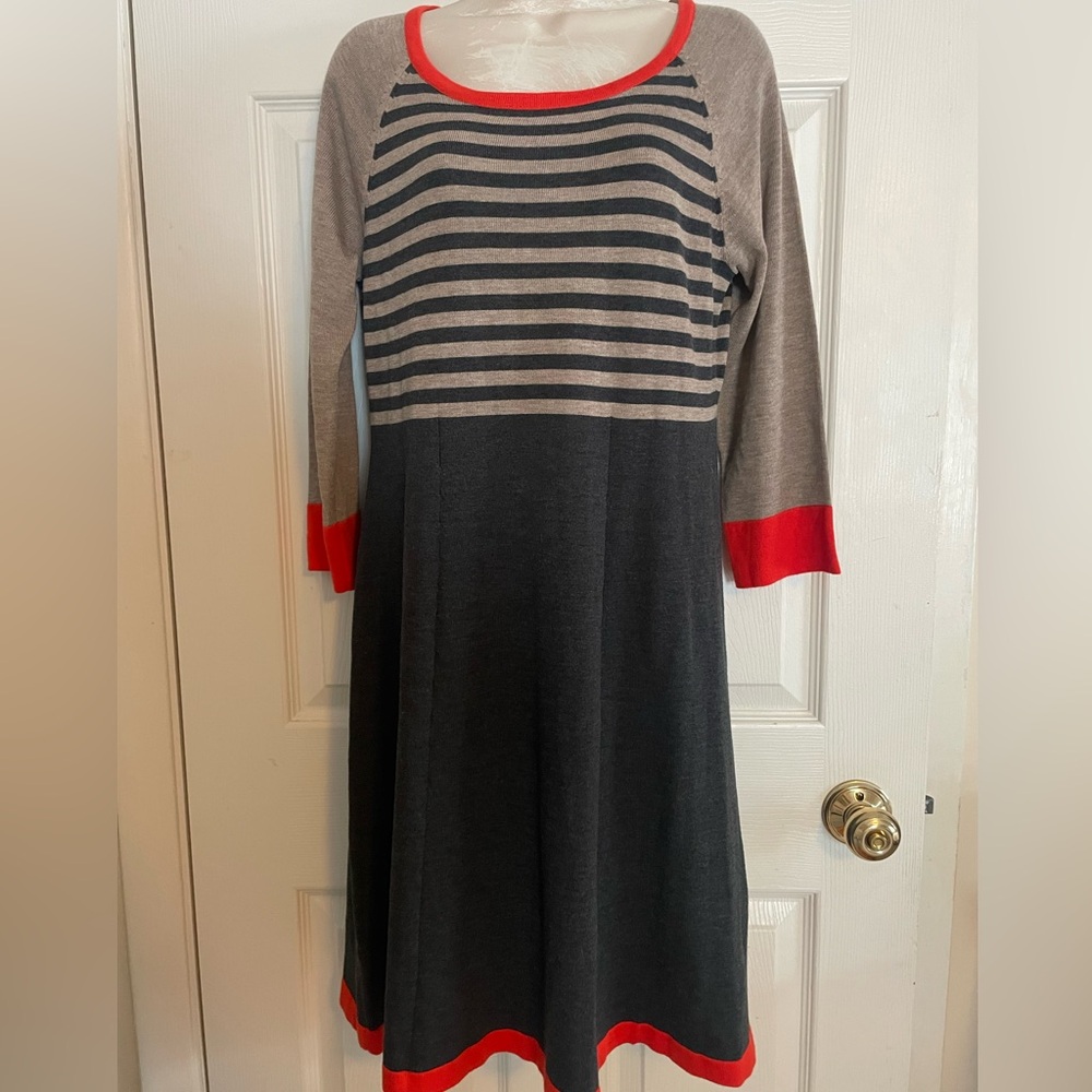 Eliza J‎ Charcoal and Tan Striped Dress with Red/Orange Detail